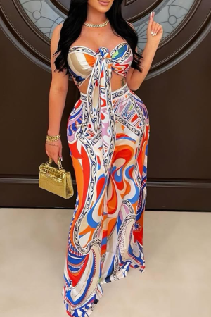 Multicolor Sleeveless Strapless Bow Knotted Crop Top and Wide Leg Pant Casual Outing Two Piece Trouser Set