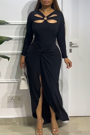 Black V Neck with Cut-Outs Long Sleeve High Slit Evening Party Bodycon Maxi Dress