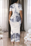 White Gradient Print O Neck Short Sleeve Casual Vacation Bodycon Maxi Dress