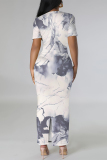White Gradient Print O Neck Short Sleeve Casual Vacation Bodycon Maxi Dress