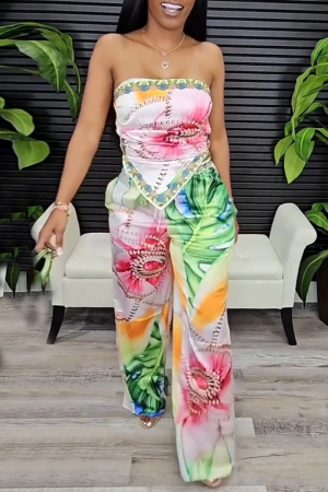 Bold Tropical Floral Sleeveless Strapless Crop Top and Flowing Wide Leg Pant Summer Vacation Party Two Piece Matching Set