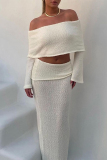 White Off Shoulder Long Sleeve Knit Crop Top and Maxi Skirt Two Piece Dress Set