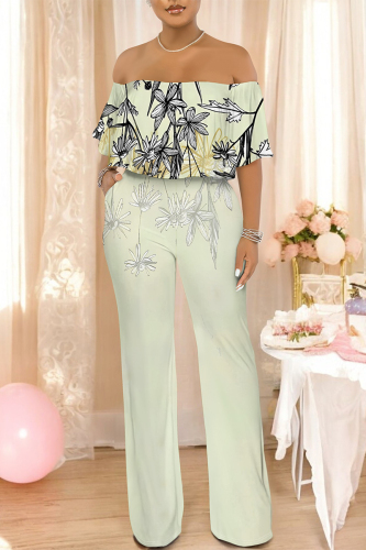 Mint Green Floral Print Off Shoulder Ruffle Sleeve Casual Outing Loose Straight Leg Jumpsuit