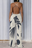 Blue White Graphic Print Sleeveless Spaghetti Strap Casual Outings Wide Leg Jumpsuit