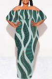 Blue Colorblock Off Shoulder Ruffled Sleeve Vacation Bodycon Maxi Dress