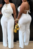 White Off Shoulder Sleeveless Backless Fringed Trim Halter Wide Leg Jumpsuit