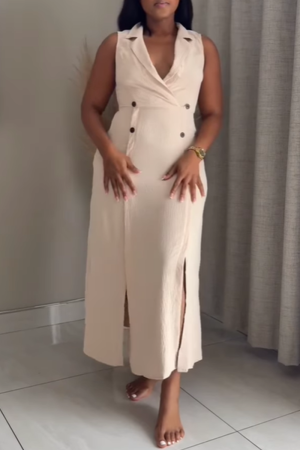 Apricot Turndown Collar Sleeveless Button-Up High Slit Office Lady Maxi Dress