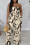 White Green Graphics Print Backless Strapless Pocket Casual Vacation Loose Wide Leg Tube Tops Jumpsuits