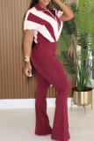 Black with White Trim Zipper Collar Short Sleeve Casual Outings Wide Leg Jumpsuit