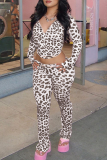 SKinny Casual Leopard Print Hooded Zipper Collar Long Sleeve Jacket and Pants Two Pieces Matching Sets