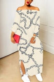 Black Chain print Off Shoulder Long Sleeve Casual Outing Straight Loose Maxi Dress