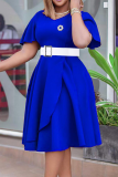 Blue O Neck Short Sleeve Belted Waist Pleated Wedding Guest Maxi Dress
