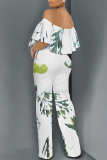 Mint Green Floral Print Off Shoulder Ruffle Sleeve Casual Outing Loose Straight Leg Jumpsuit