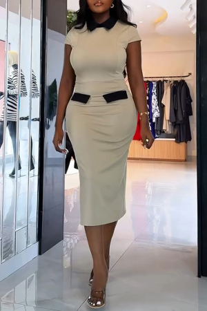 Apricot with Black Patchwork Turndown Collar Short Sleeve Office Lady Bodycon Maxi Shirt Dress