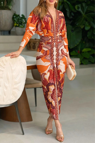 Multicolor Floral Print V Neck Long Sleeve Ruched Vacation Outings Maxi Dresses