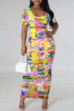White Gradient Print O Neck Short Sleeve Casual Vacation Bodycon Maxi Dress