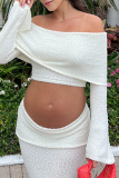 White Off Shoulder Long Sleeve Knit Crop Top and Maxi Skirt Two Piece Dress Set