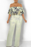 Mint Green Floral Print Off Shoulder Ruffle Sleeve Casual Outing Loose Straight Leg Jumpsuit