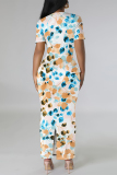 White Gradient Print O Neck Short Sleeve Casual Vacation Bodycon Maxi Dress