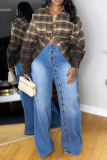 Blue Casual Solid Color Buckle up Patchwork High Waist Straight Denim Jeans