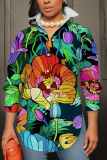 Grey Blue Casual Abstract Floral Print Buttons Slit Turndown Collar Long Sleeve Shirts Tops
