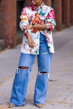 Blue Casual Solid Color Ripped High Waist Straight Denim Jeans