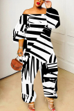 White Black Casual Abstract Print Off Shoulder Long Lantern Sleeve Loose Overall Jumpsuits