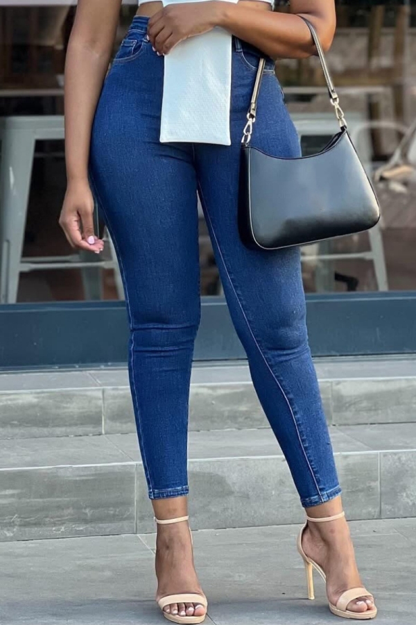 Dark Blue Casual Solid Color High Waist Skinny Pencil Denim Jeans