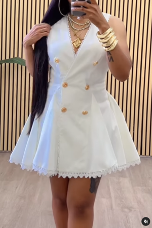 White Elegant Solid Color V Neck Sleeveless Lace Hem Buckle A Line Party Club Short Dresses