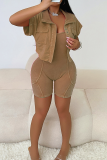 Khaki Casual Turndown Collar Short Sleeve With Pocket Jacket and Skinny Tank Top Rompers Two Pieces Sets