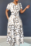 Yellow Floral Print V Neck Short Sleeve Casual Vacation A Line Maxi Dresses