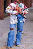 Blue Casual Solid Color Ripped High Waist Straight Denim Jeans