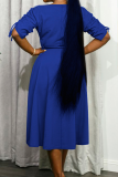 Blue Boat Neck Draw String Half SLeeve Tops and Long A-line Skirts Casual Office Lady Plus Size Two Pieces Dress Sets