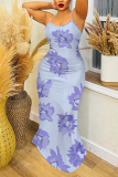 Light Purple Floral Print Off Shoulder Sleeveless Backless Spaghetti Strap Floor Length Casual Outings Plus Size Loose Maxi Slip Dress