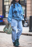 Blue Casual Solid Color Ripped High Waist Loose Straight Denim Jeans