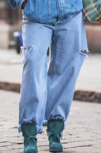 Blue Casual Solid Color Ripped High Waist Loose Straight Denim Jeans