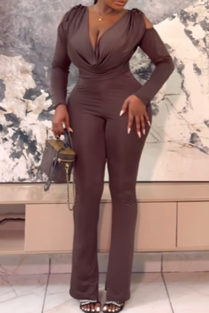 Brown V Neck Swing Collar Long Sleeve Hollow Out Ruched Skinny Casual Party Club Jumpsuits