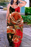 Light Green Floral Graphic Print Off Shoulder Sleeveless Backless Spaghetti Strap Floor Length Casual Outings Plus Size Loose Maxi Slip Dress