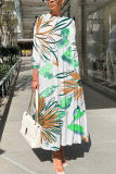 White Brown Floral Print O Neck Three Quarter Sleeve Loose A-line Casual Vacation Long Maxi Dresses