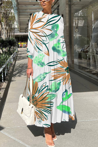 White Brown Floral Print O Neck Three Quarter Sleeve Loose A-line Casual Vacation Long Maxi Dresses