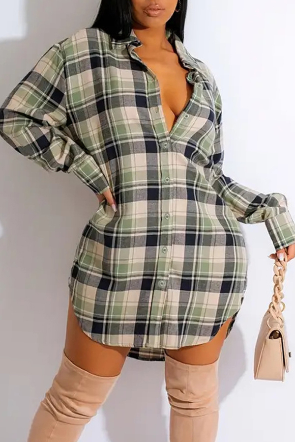 Green Casual Plaid Print Buttons Turndown Collar Long Sleeve Mini Shirt Dresses