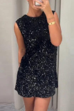 Black O Neck Sleeveless Sequins Bow Decor Celebrities Party Club Short Dresses