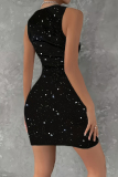 Black Sequined U Neck Sleeveless With Pocket Buttons Skinny Party Club Wrapped Skirt Mini Dresses