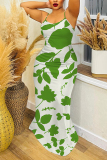 Green Floral Print Off Shoulder Sleeveless Backless Spaghetti Strap Floor Length Casual Outings Plus Size Loose Maxi Slip Dress