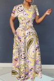 Yellow Floral Print V Neck Short Sleeve Casual Vacation A Line Maxi Dresses
