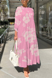 White Brown Floral Print O Neck Three Quarter Sleeve Loose A-line Casual Vacation Long Maxi Dresses