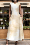 White Abstract Print O Neck Sleeveless with Pocket A-line Casual Vacation Long Maxi Dresses