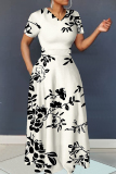 Yellow Floral Print V Neck Short Sleeve Casual Vacation A Line Maxi Dresses