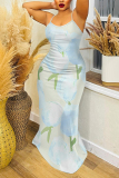 Light Purple Floral Print Off Shoulder Sleeveless Backless Spaghetti Strap Floor Length Casual Outings Plus Size Loose Maxi Slip Dress
