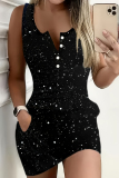 Black Sequined U Neck Sleeveless With Pocket Buttons Skinny Party Club Wrapped Skirt Mini Dresses